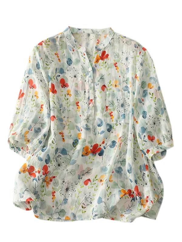 الرجعية الأزهار طباعة الكتان ort Sve irt المرأة الصيف رقيقة فضفاضة التخسيس عادية V-Ne القطن الكتان الأعلى مريحة تناسب #5