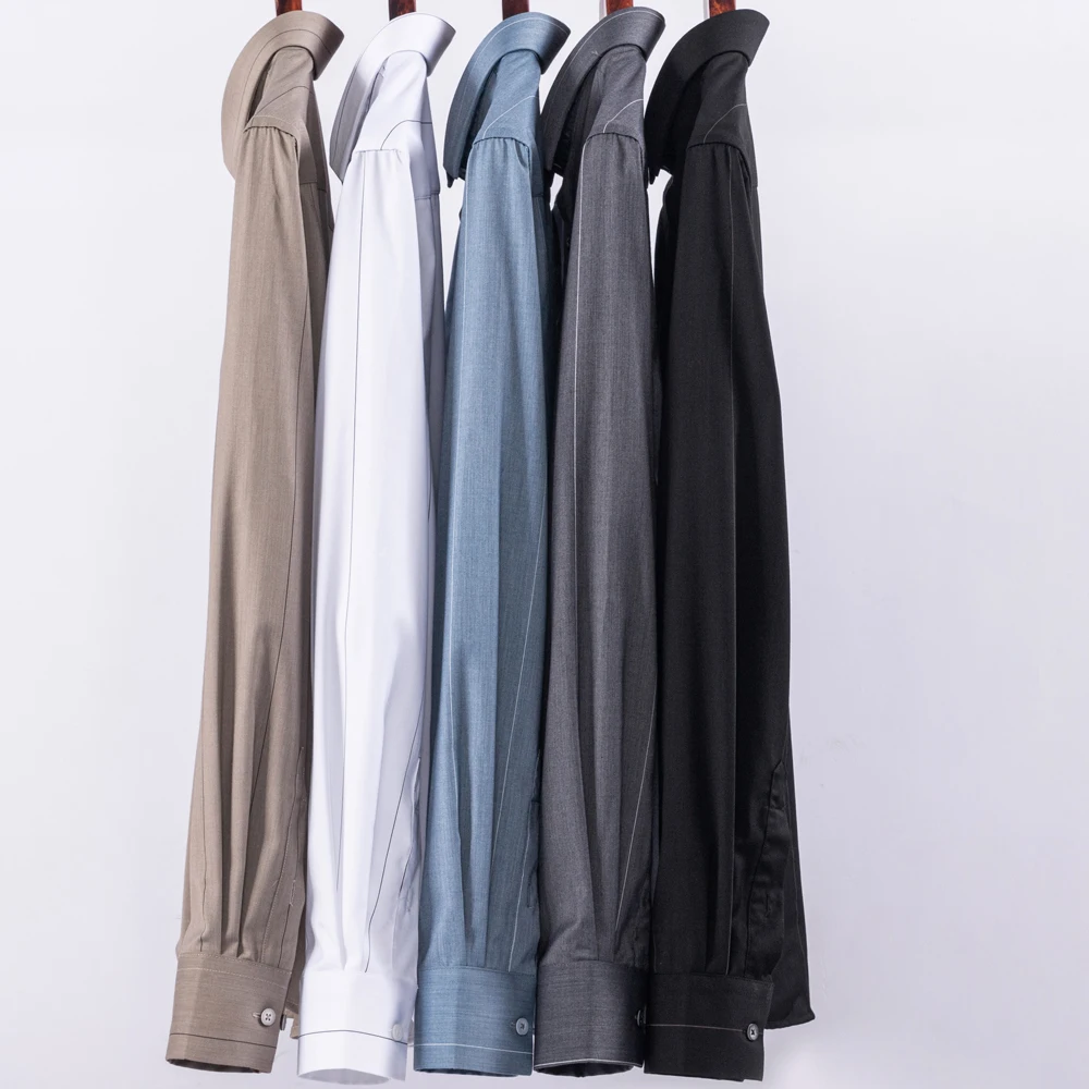 Camisa masculina de manga longa de fibra de bambu elástica de ajuste regular macio confortável clássico listrado respirável fácil cuidado resistente a rugas