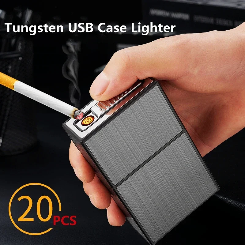 Can Hold 20 New Metal Cigarette Case Flashlight USB Lighter Windproof Jet Rechargeable Gas Lighter Men\'s Gadget