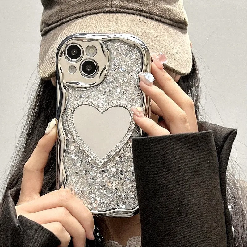 Lovebay Glitter 3D Love Heart Mirror Cream Grain Edge Phone Case For iPhone 15 14 13 12 11 Pro Max XS XR Electroplate Soft Cover