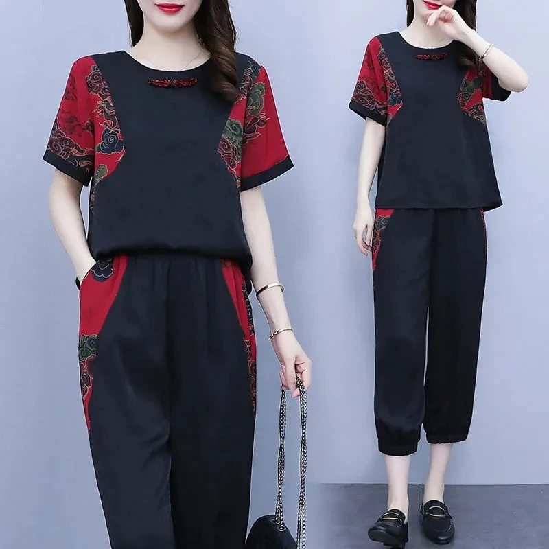 

Female Patchwork printing Casual Set Women's Summer New Fat mm Large Women's Fashion Thin Sports Short Sleeve Two Piece Set Blac