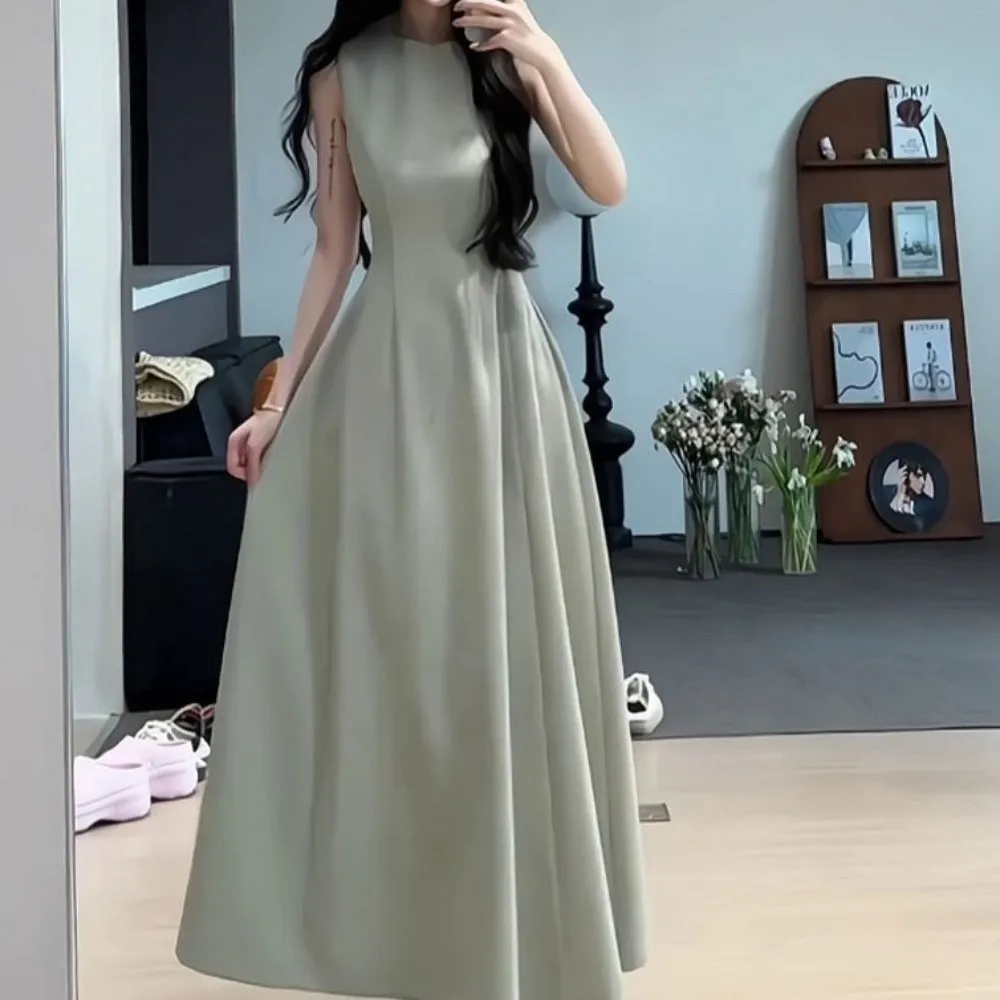 Robe longue sans manches, col en U, gilet sans manches, tempérament, couleur unie, jupe longue élégante pour femmes, robe coréenne de mariage