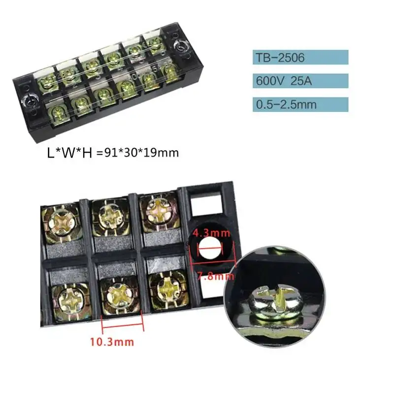 2pcs TB-2506 Dual Row Barrier Screw Terminal Block Wire Connector 600V 25A 6P Electric Wiring Connection Copper Six In 6 Out