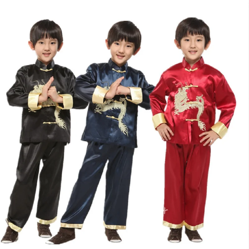 Wholesale New Chinese Style Children Satin Tang Suit Kids Embroidery Dragon Kung Fu Tang Costume New Year Party Birthday Clothes