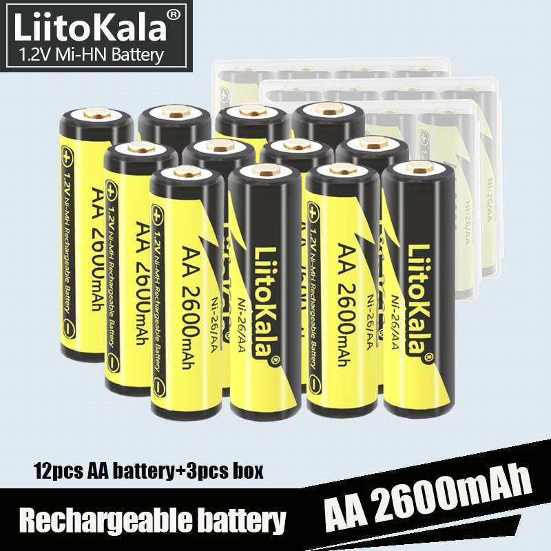 Перезаряжаемая батарея LiitoKala Ni-26/AA 1,2 V 2600mAh ni-mh AA для камеры, противоударная игрушечная машина + блок батарей AA, 12 шт.