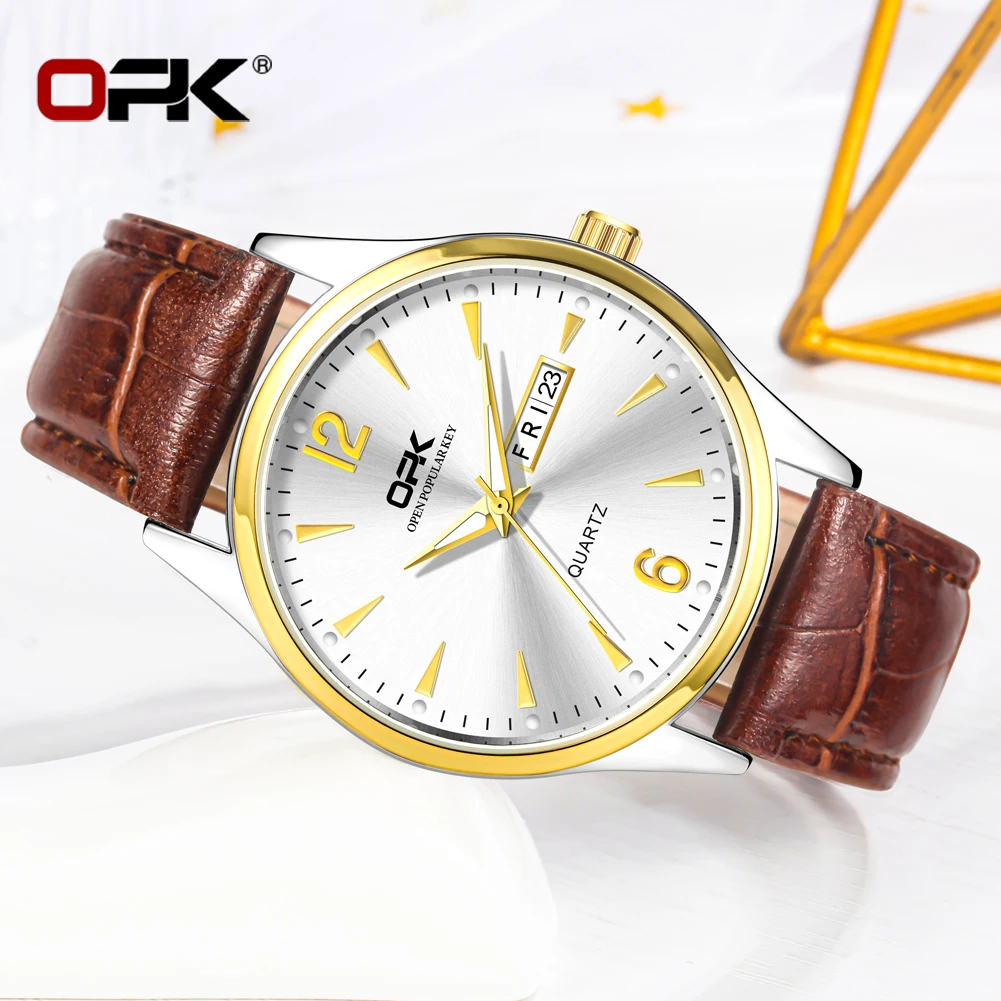 OPK 8138 Womens Watch Original Watch Leather Strap Quartz Watch Waterproof Luminous Day-Date Calendar Watch For Men Women