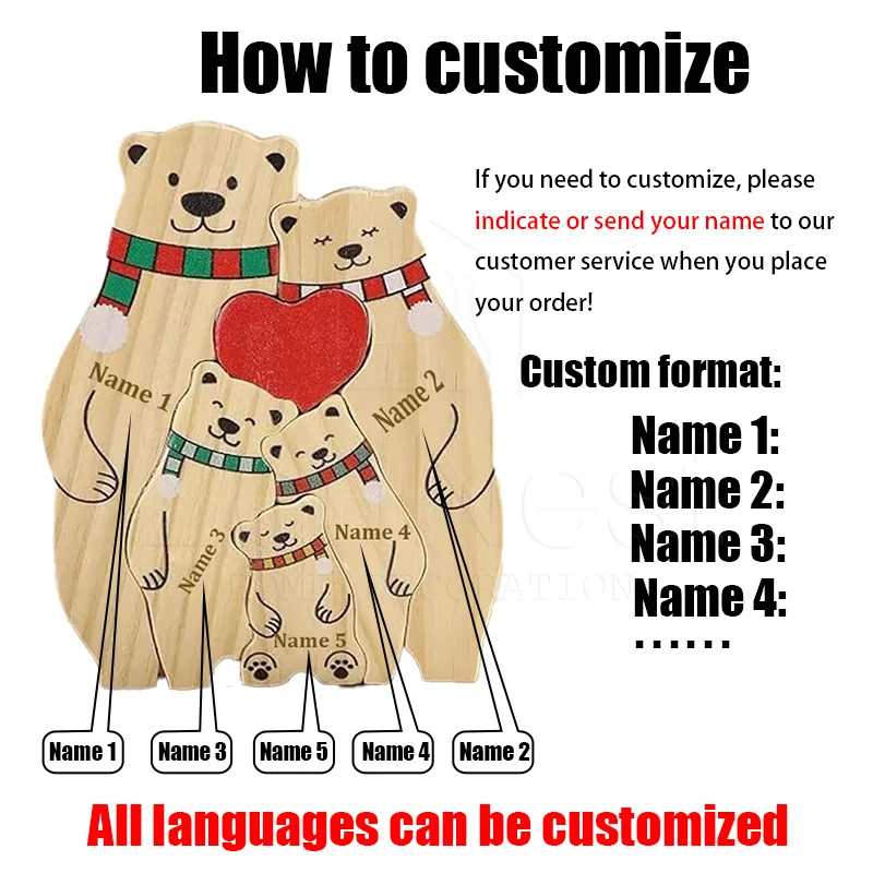 Christmas Wooden Bear Puzzle Family Cute Bear Ornament Carved Name Winter Home Ornament Personalized Ornament Gift for Mother