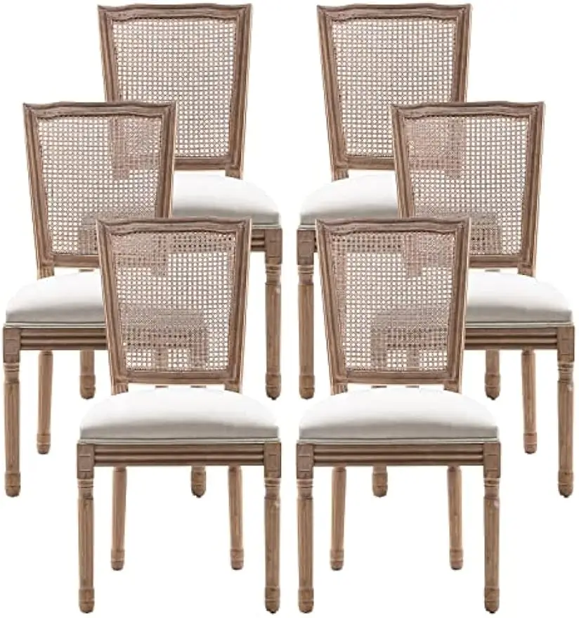 Farmhouse Dining Room Chairs Set of 6, French Dining Chairs with Square Back, Brown Wood Legs, French Bistro Chairs for Dining R