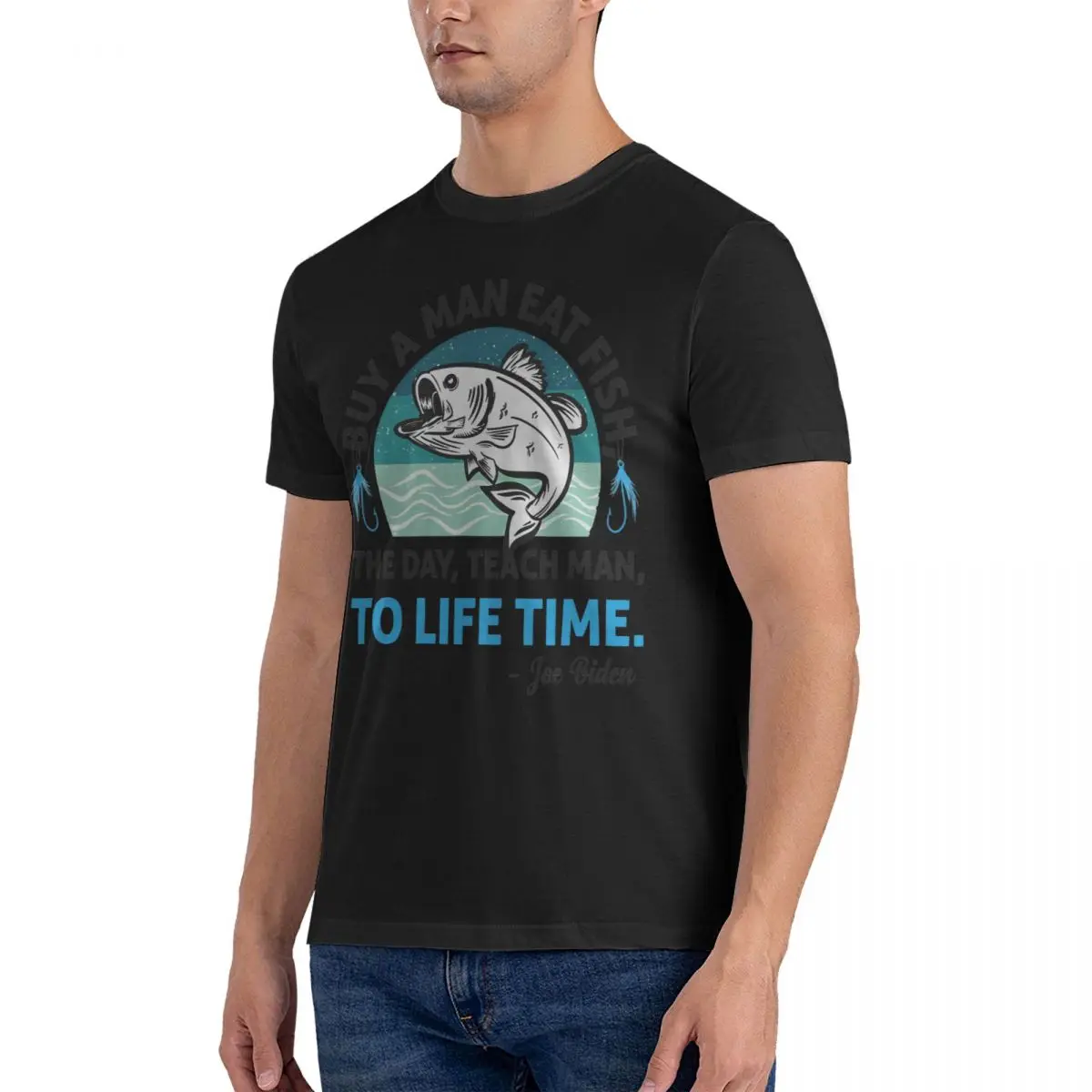 Mens Joe Biden, Buy A Man Eat Fish The Day Teach Man To Life Time T-Shirt Men Buy A Man Eat Fish Novelty 100% Cotton Tees TShirt