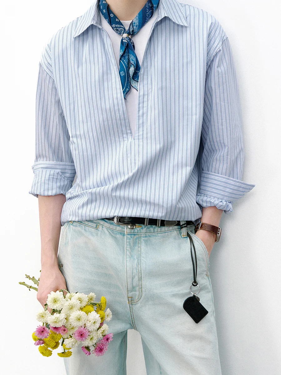 714street Men's Casual Stripe Long Sleeve Shirt Spring 2026 Half Open Collar Jacket Fake Two-Piece Standard Fit Cotton Jacket
