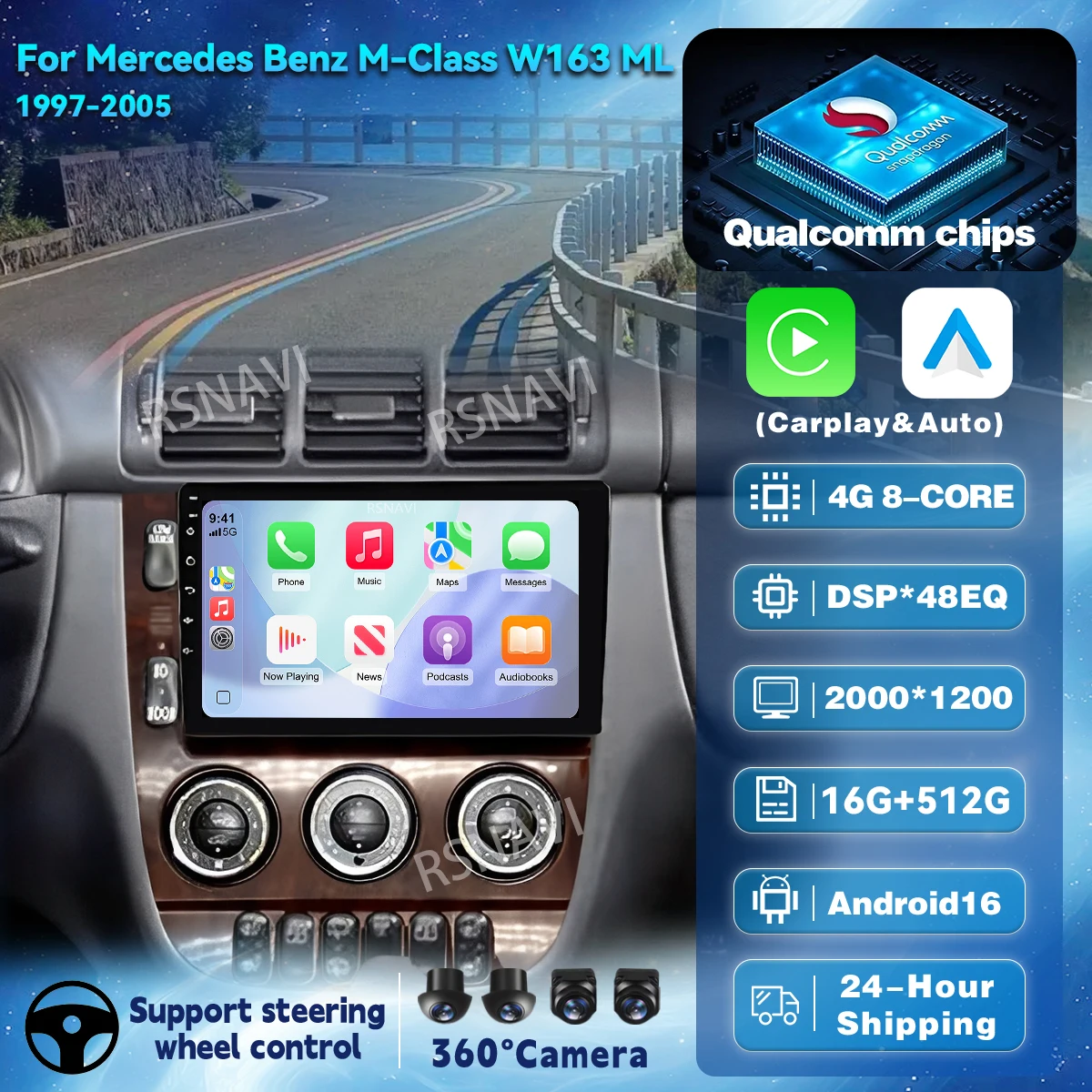 Android 16 Car Radio Multimedia Player Auto Carplay For Mercedes Benz M-Class W163 ML 1997 - 2005 Car Stereo wifi+4G Ai voice BT
