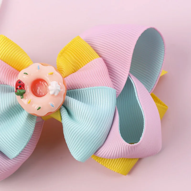 Sweet Doughnut Hair Bows With Clips Ribbon Colorful Hairpin Barrettes 3 Layer Bow Hair Clip Headwear Kids Apparel Accessories