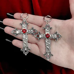Pendientes de Cruz de joya gótica, aretes grandes de tono plateado, Cruz Floral, gótico, Witchy, joyería de vampiro, cruz grande