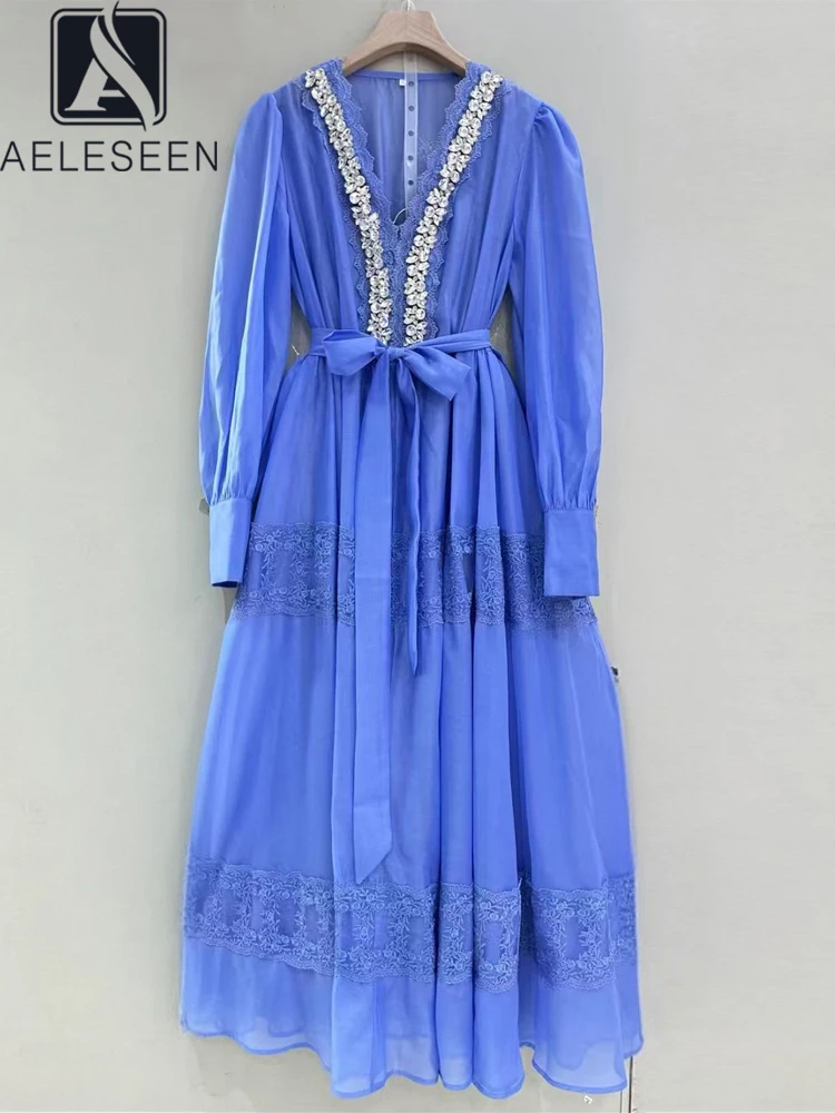 

AELESEEN Loose Long Party Dress Women Spring Summer V-Neck Crystal Beading Lace Patchwork Belt Full Lantern Sleeve Midi Party