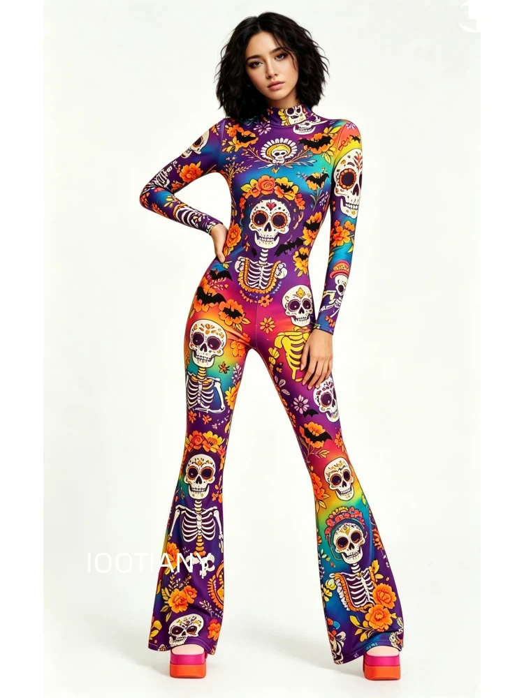 Damen-Jumpsuit mit ausgestellten Schlaghosenbeinen, geometrischem Schmetterlings-Skelett-Muster, figurbetont, Catsuit, Festival-, Rave-, Halloween-Cosplay-Outfit – Detail 32