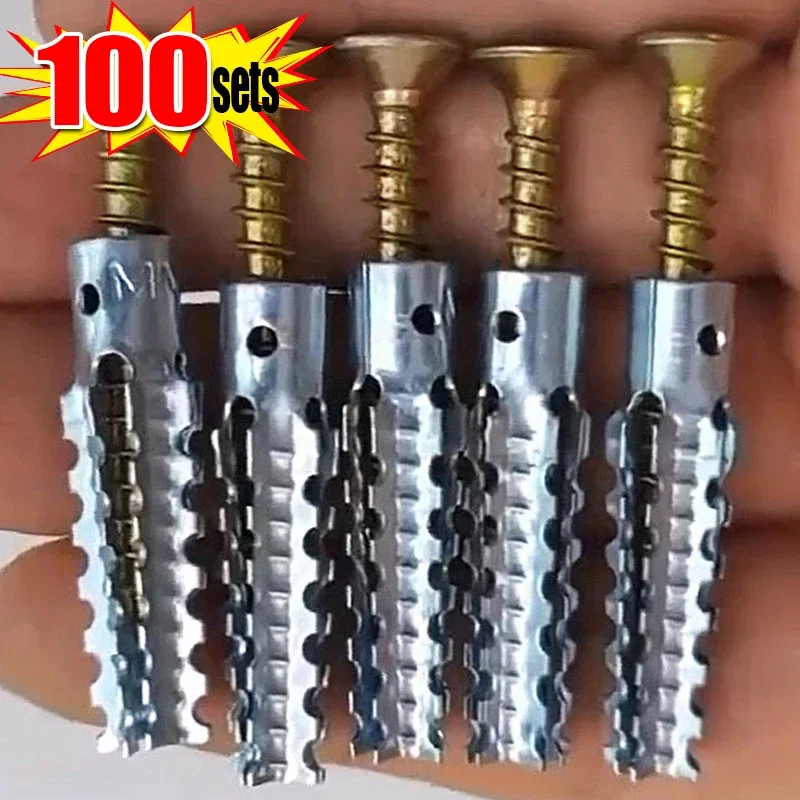 100/10set Serrated Steel Self Tapping Screws Metal Expansion Tube Pipe Drilling Plug for Concrete Wall Anchors Fastener Bolt Kit