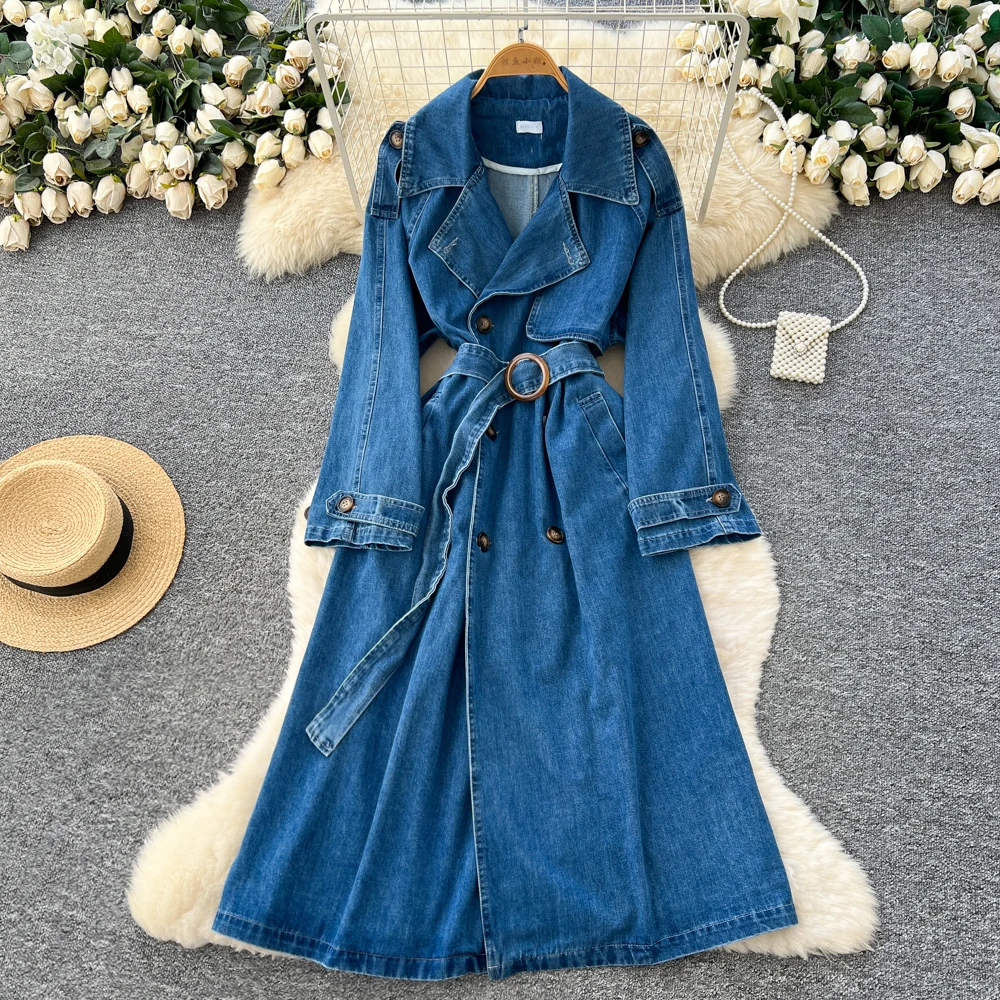 

SuperAen Korean Style Oversize Denim Dress Lace-up Waist Turn-down Collar Long-sleeved Double-breasted Design Trench