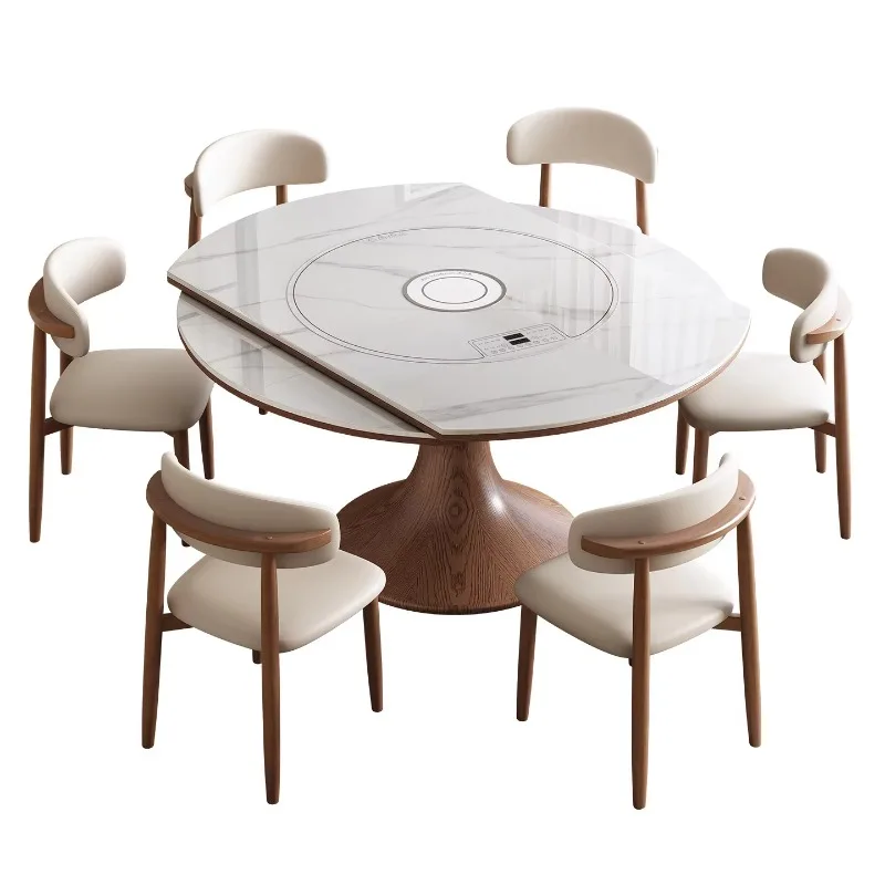 Modern Round Extendable Dining Table Sintered Stone Top With Built-in Induction Cooker Solid Wood Base For Family Dining