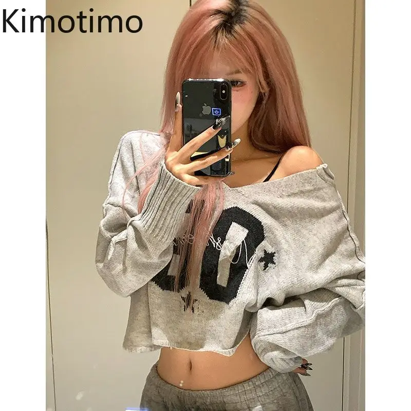 

Kimotimo Y2k Letter Printed Knitted Sweater Women Autumn Casual V Neck Short Pullover American Retro Versatile Long Sleeve Tops