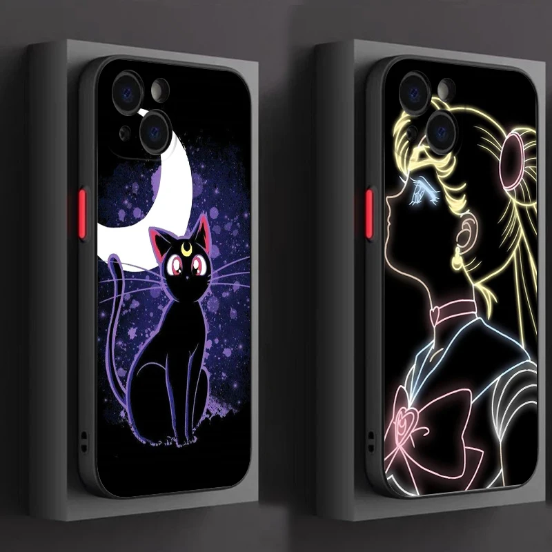 Cartoon Sailor Moon For iPhone 15 14 13 12 Mini 11 XS Pro Max X XR 8 7 6 Plus Frosted Translucent Phone Case