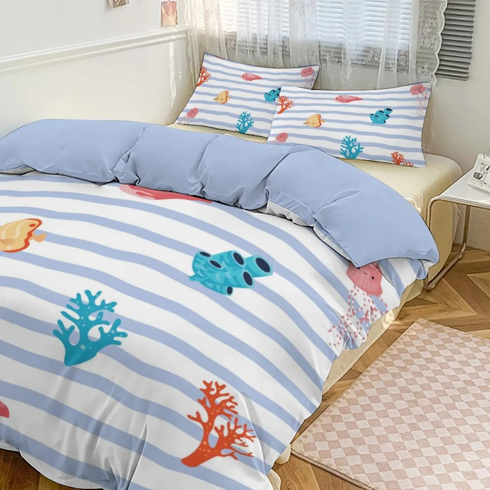 

Thickened Striped + Ocean Pattern Bedding Set, Duvet Cover + 2 Pillowcases, Skin - friendly & Comfy