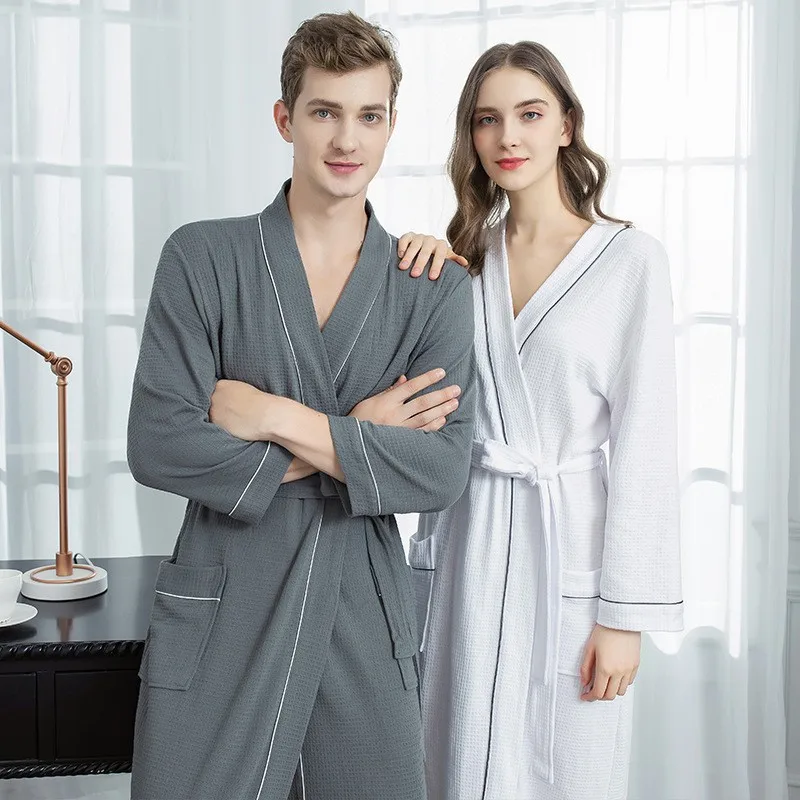 

Waffle Cotton Couple Kimono Bathrobe Gown Spring Autumn Sleepwear Robe with Pockets Casual Loose Female Nightdress Home Wear