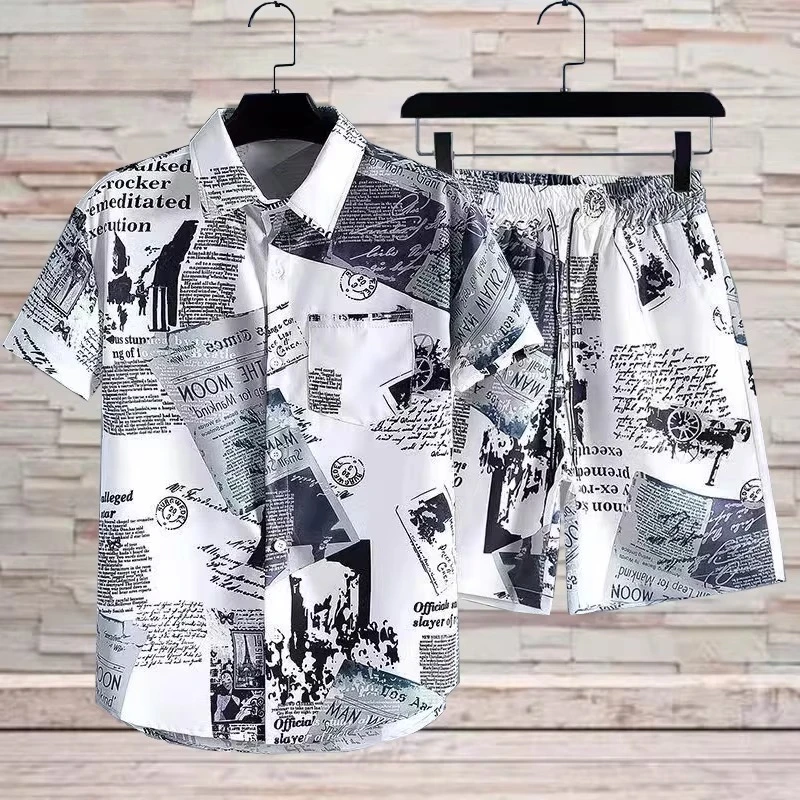 Summer New Men's Quick-Dry Ice Silk Letter Print Black White Short Sleeve Shirt Loose Casual Shorts Beach Two-Piece Set