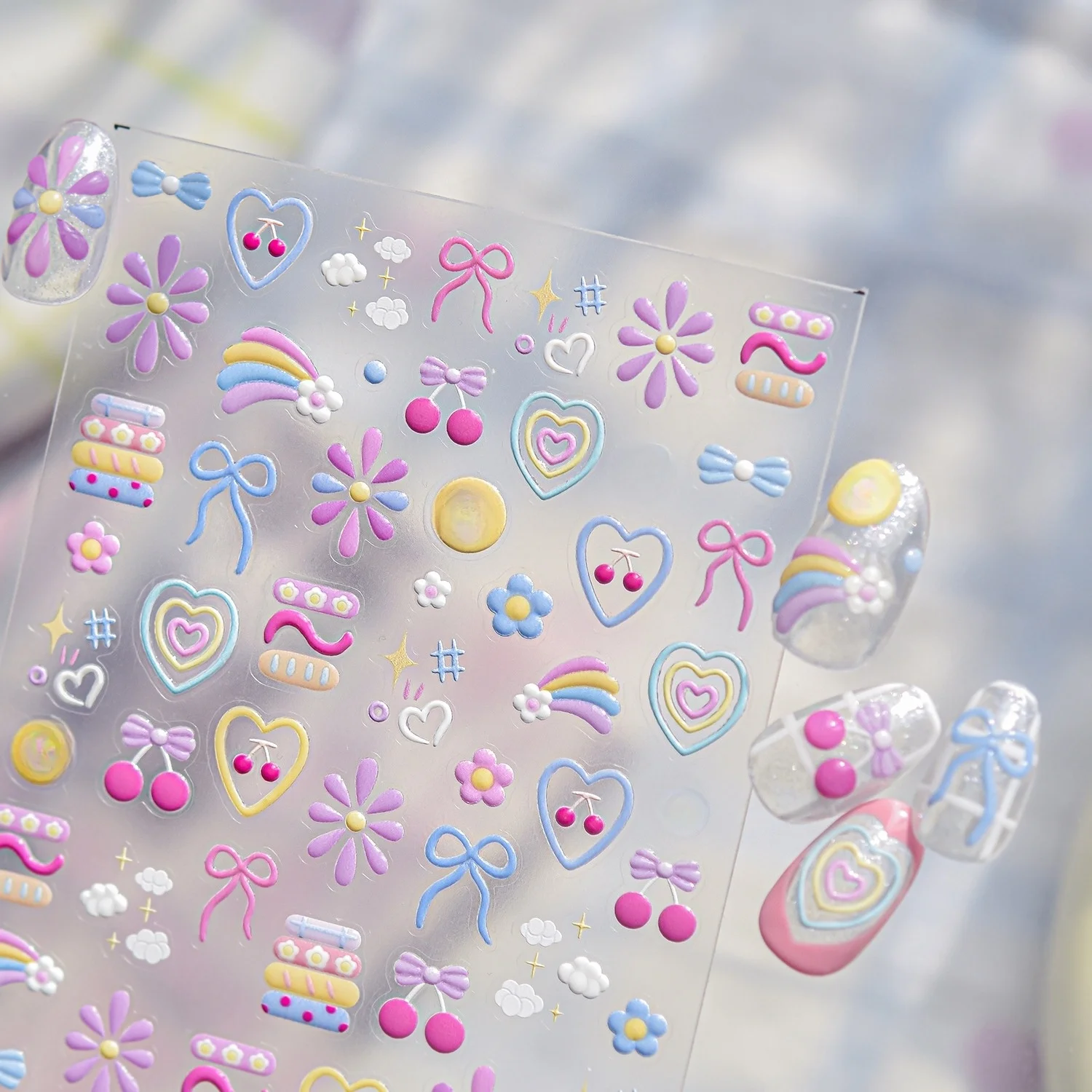 5D Nagelaufkleber Graffiti Candy Smile Face Bow Heart Flower Cherry Star Niedliche bunte Muster Selbstklebende Aufkleber DIY Maniküre