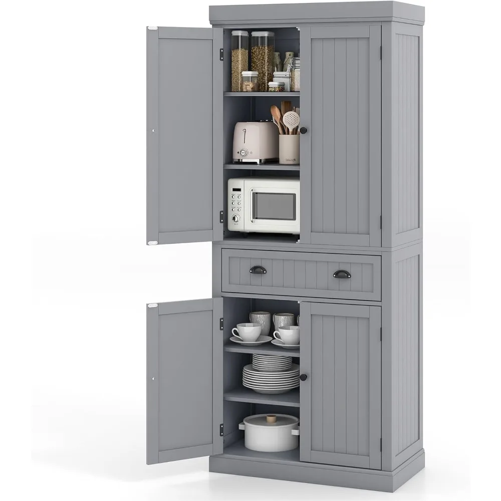 

6-Foot Wooden Kitchen Pantry with Adjustable Shelves, Storage Cabinets, and Drawer