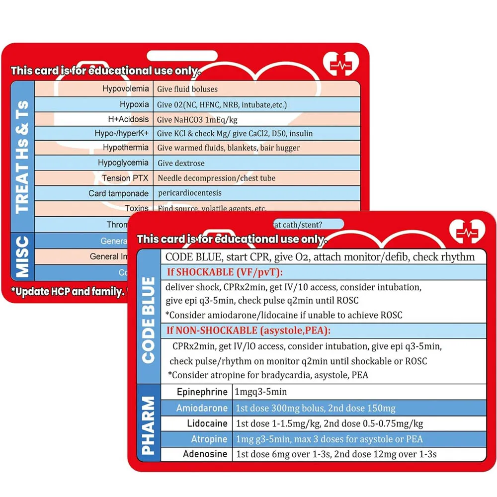 4 Pack ACLS Reference Card Heart CPR Code EMT/RN/MD Cards for Medical