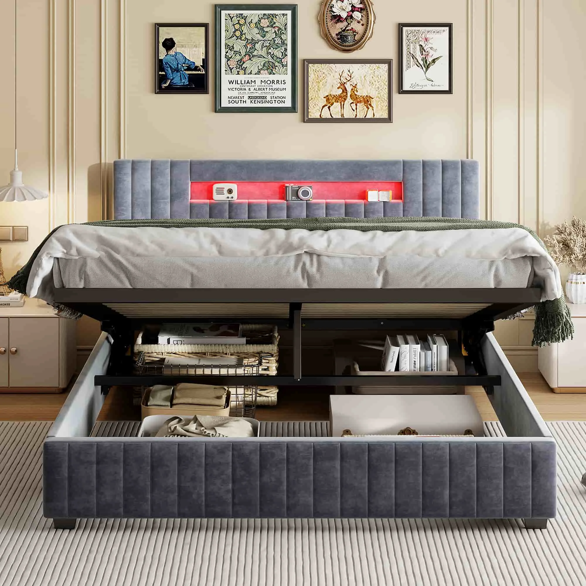 fangange 140/160x200cm Doppelbett, Weiches Samt-Polsterbett, Mit Geräumigem Hydraulischem Stauraum Unter dem Bett und LED-Beleuchtung, Stabiler Holz-Eisenlatten-Bettrahmen, Grau, Ohne Matratze
