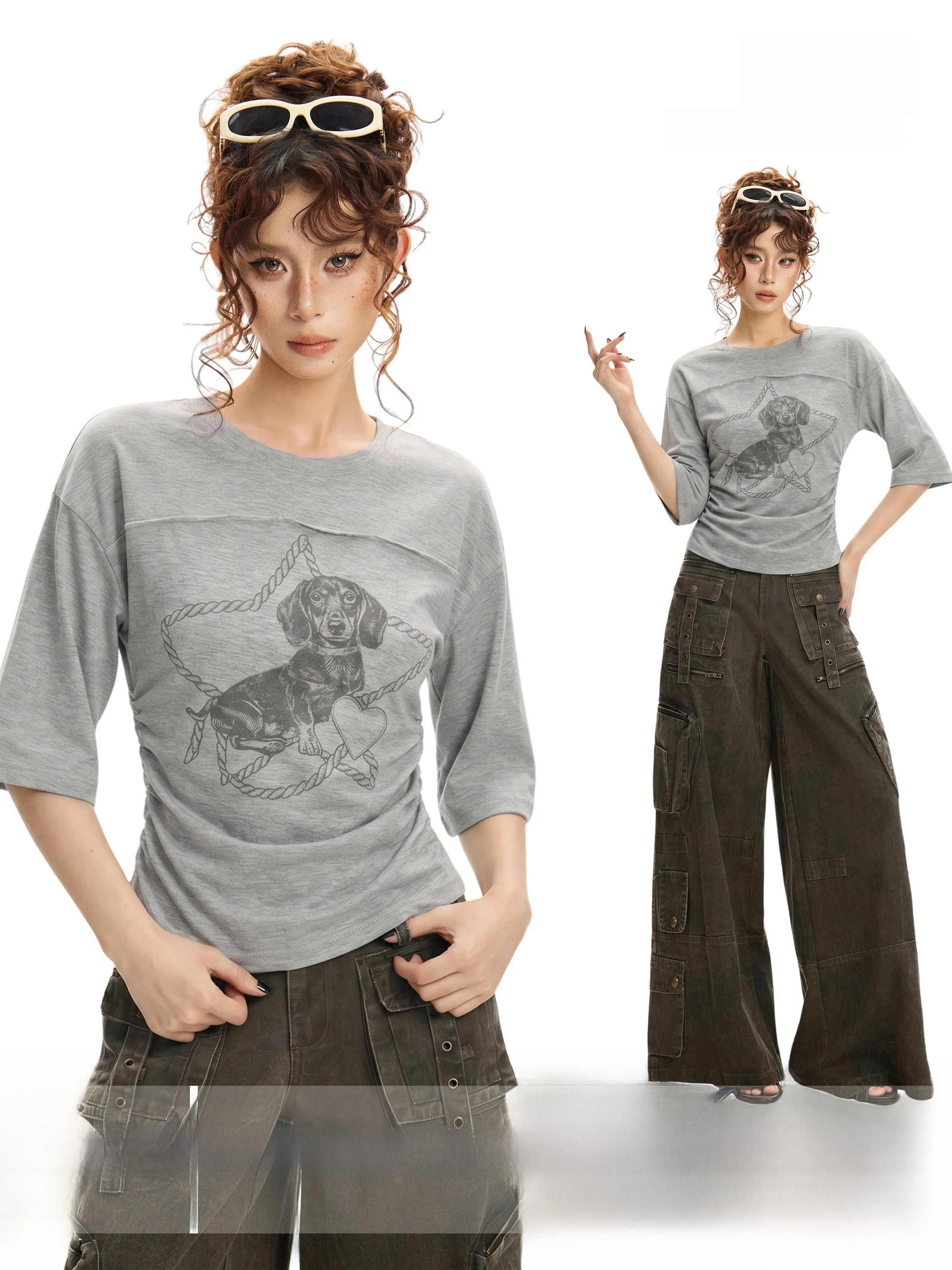 Gray Bell Sleeve Printed Slim Fit Short Sleeve T Shirt Women Summer Waist Cinched Slimming Casual Half Sleeve Short Top