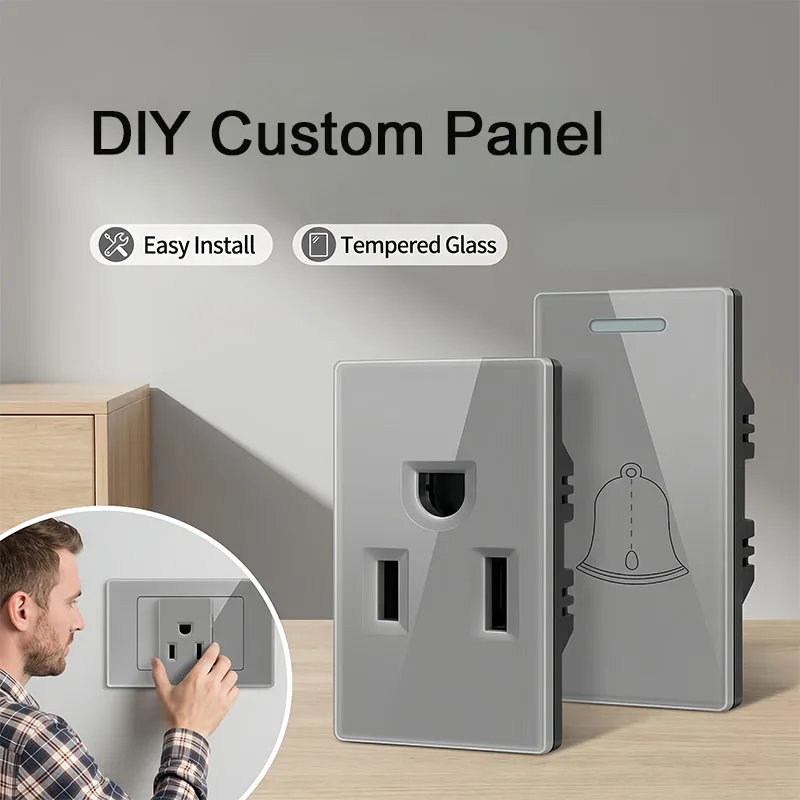 

2x4 Inch Tempered Glass Grey DIY Modular Wall Plate NEMA 5-15R Duplex Outlet With Interchangeable Socket Modules For EU/US/Italy