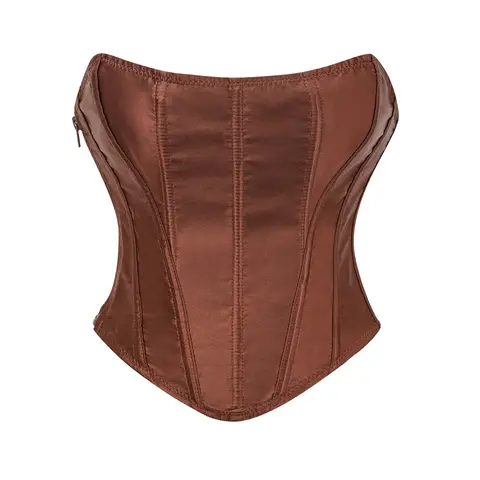 Brown Solid Satin Boned Sexy Overbust Corset Victorian Gothic Clothes Vintage Corsets For Women Steampunk Fashion Corsetto Donna