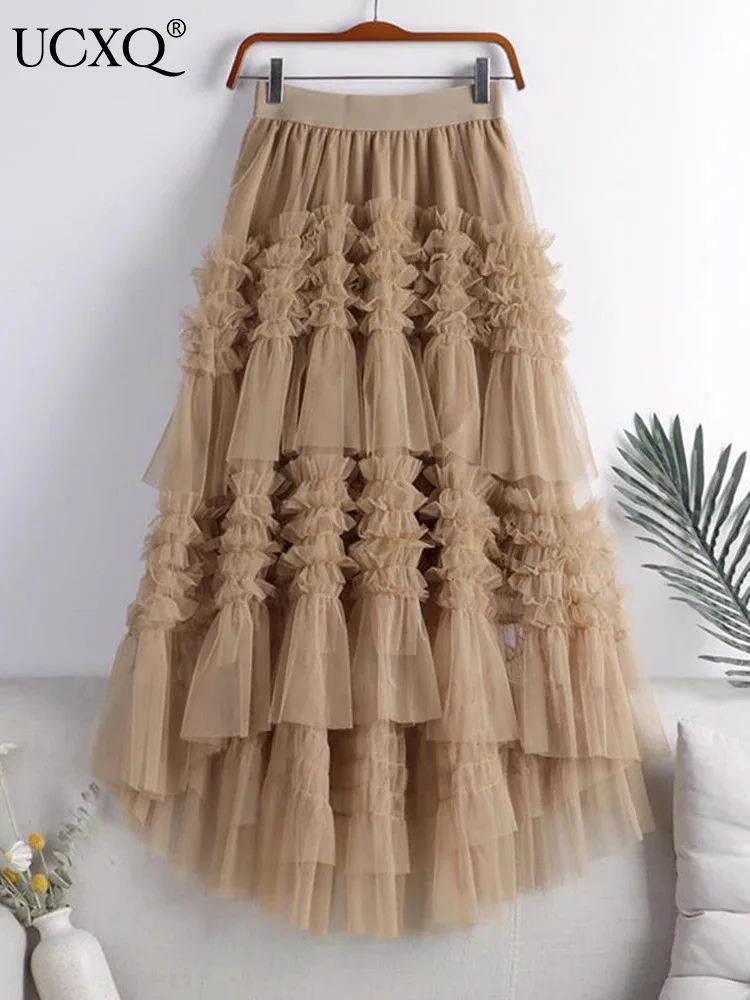 

UCXQ Fashion Casual Skirt Fairy Style Irregular Mesh Patchwork High Waisted Elegant Cake Skirts Women 2024 Spring Summer 23A9191