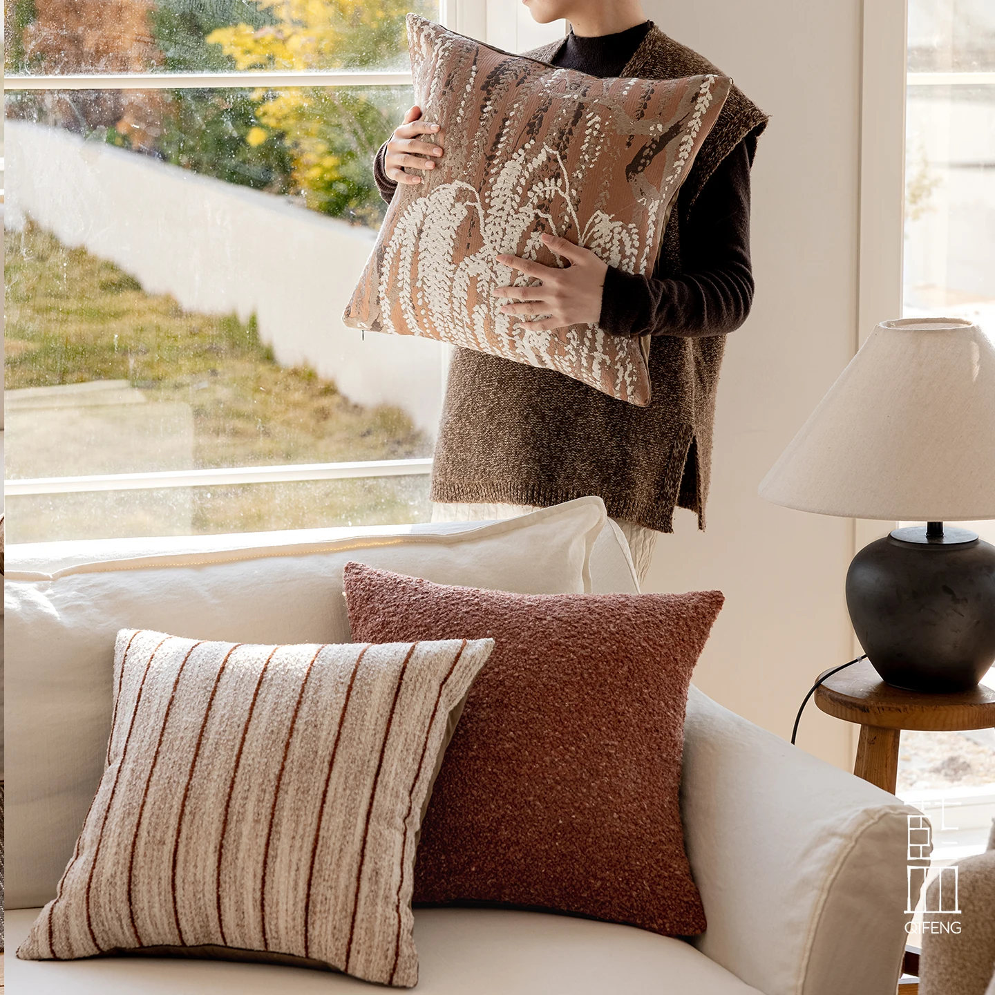 

Textured Pillow Cover Color Block Stripe Splicing Villa Model Room Soft Decoration Style Earth Tone Fashionable Pillow
