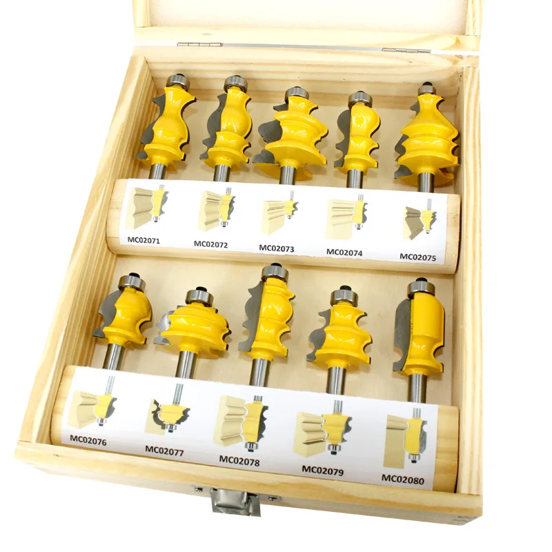 10-Piece Router Bit Set with 8mm Shank for Decorative Molding, Handrail and Cabinet Trim, Engraving and Grooving Tools