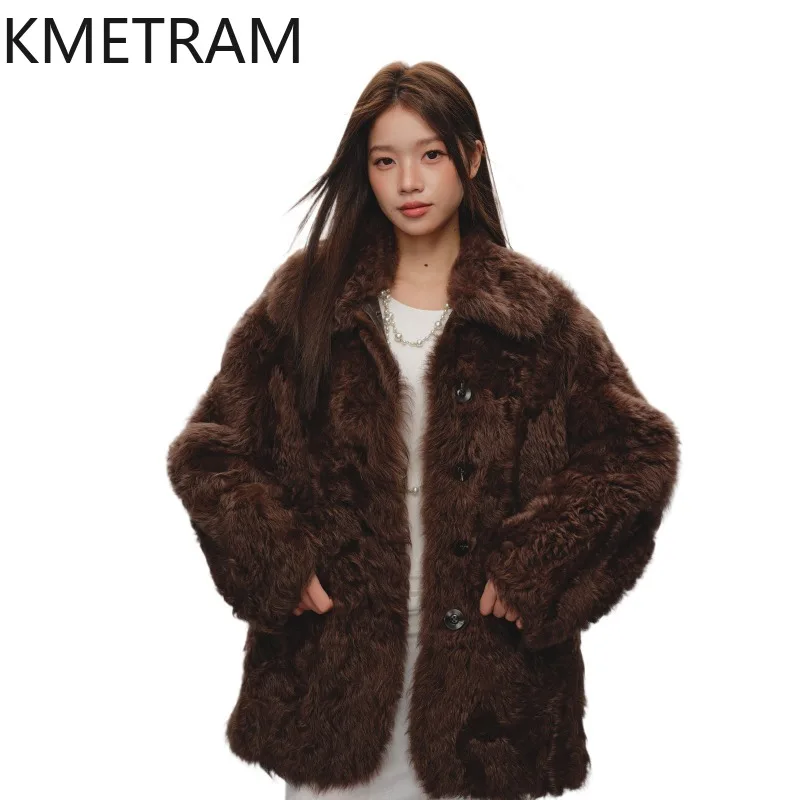 KMETRAM Natural Tuscan Sheep Fur Shearling Jackets Womens Winter Coats Mid Length Real Fur Coat Woman Clothing Warm Overcoat 코트