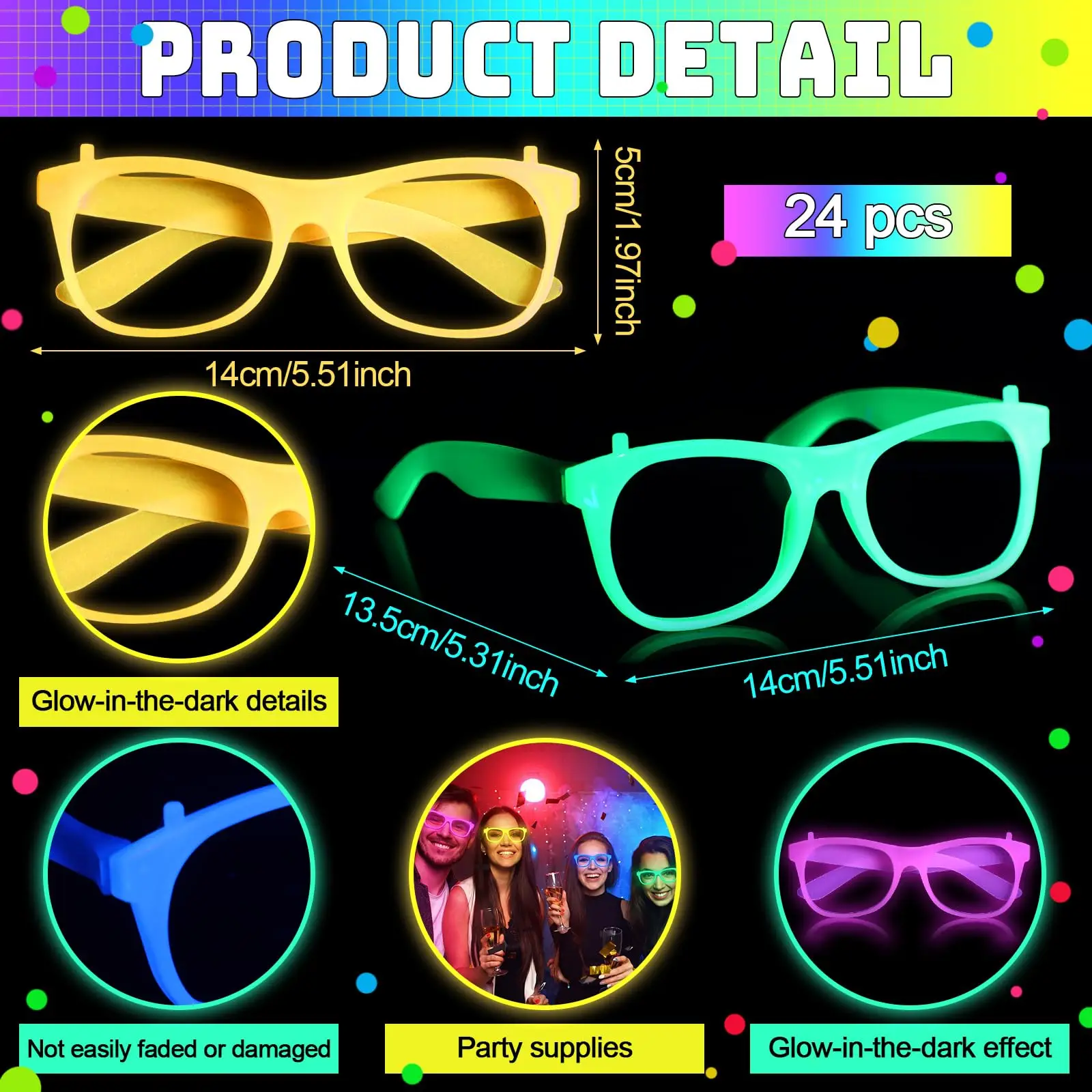 2/24 Stück Leuchtende Neon-Brillen ohne Gläser, Leuchtende Brillengestelle, Partyzubehör für Halloween, Abschlussball, Geburtstagsdekoration, Foto-Requisiten – Detail 1