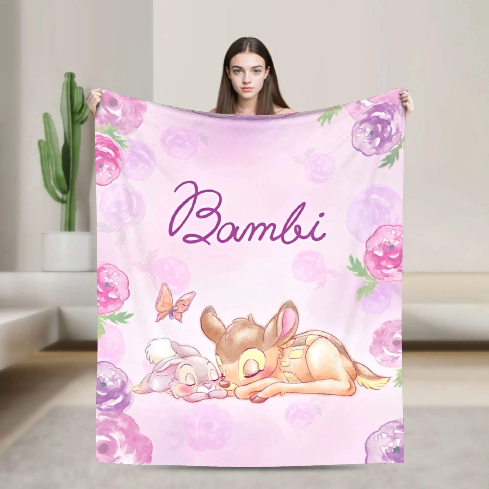 Bambi Floral Velvet Throw Blanket Cartoon Deer   Blanket for Sofa Car Lightweight Bedroom Quilt,