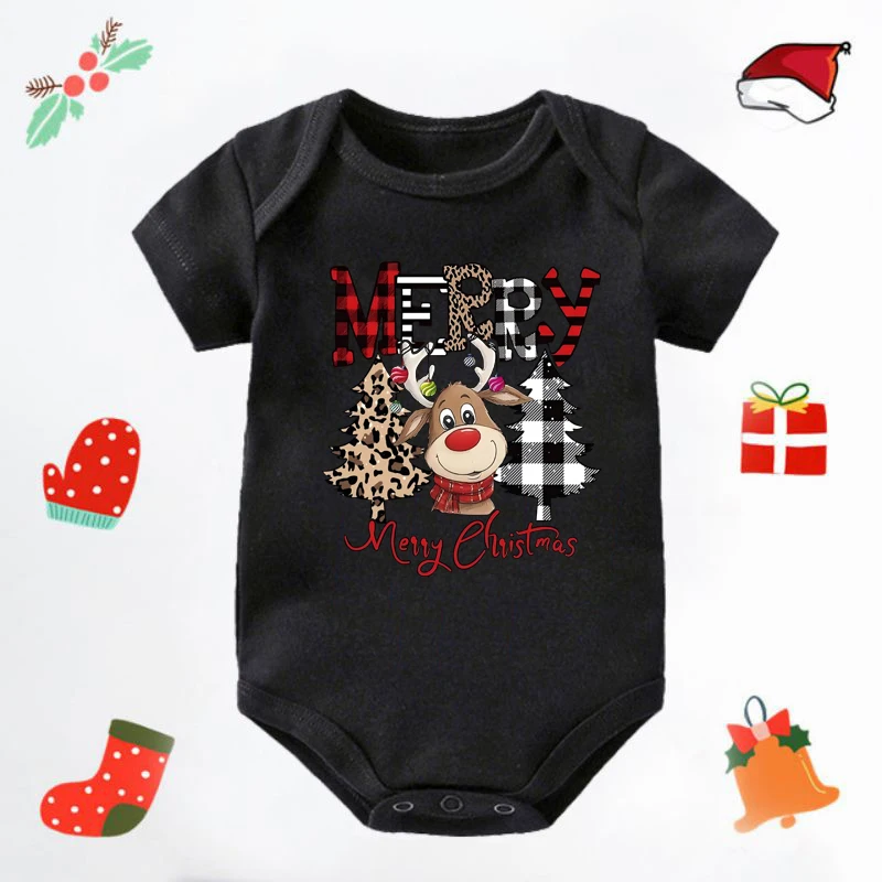 Cute Christmas Reindeer Printed Romper Retro Christmas Jumpsuit Festive Holiday Toddler T-Shirt Rompers Xmas Outfits