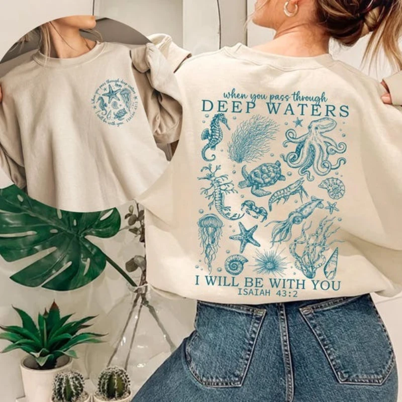 

Толстовка или толстовка с изображением христианского океана, модная пляжная морская жизнь, негабаритная одежда со Священными Писаниями Иисуса, библейский стих, вера