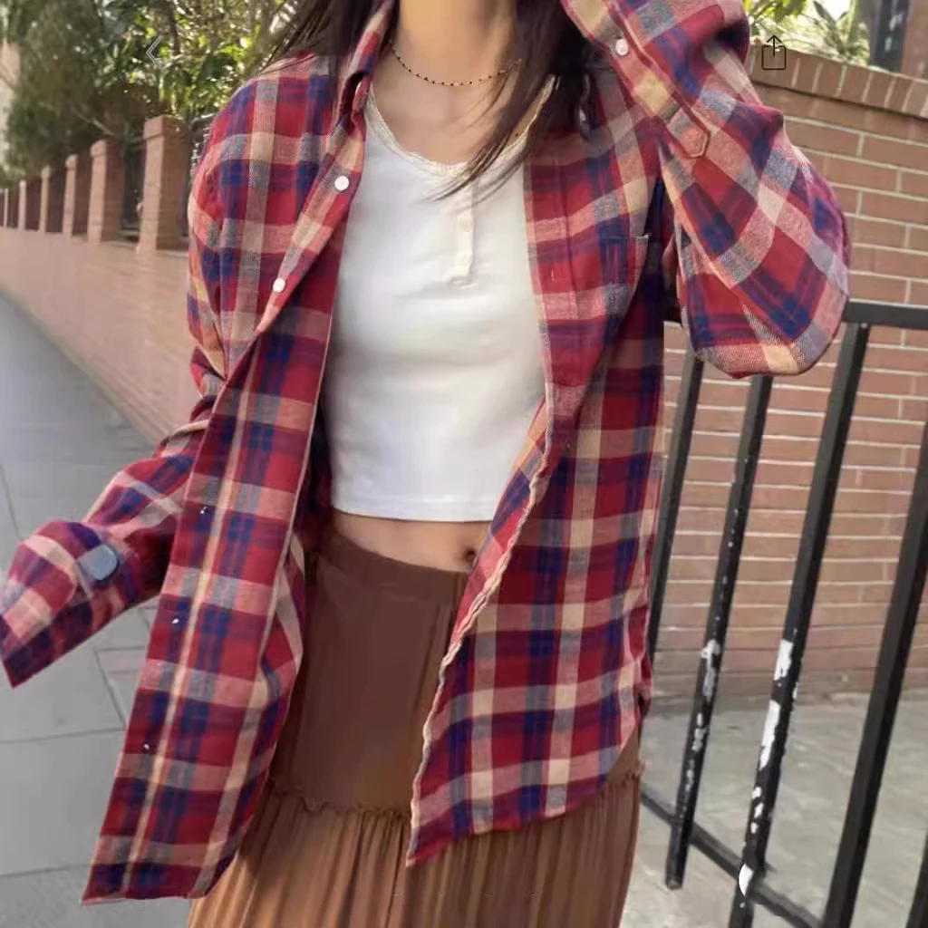 Red Plaid Autumn Women Blouse Turn Down Collar Casual Shirts Cotton Blend Long Sleeve Casual Versatile Loose Top Woman 2025 New