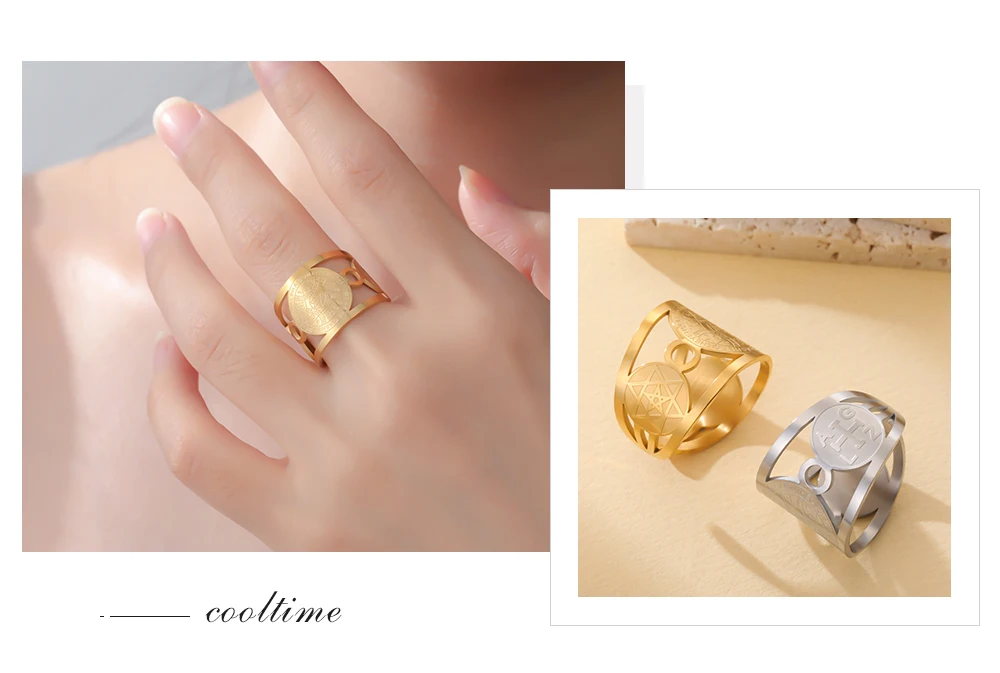 COOLTIME Engel Siegel Offene Ringe Edelstahl Vintage Magischer Schutz Amulett Hexagramm Ring Schmuck Geschenk – Detail 11