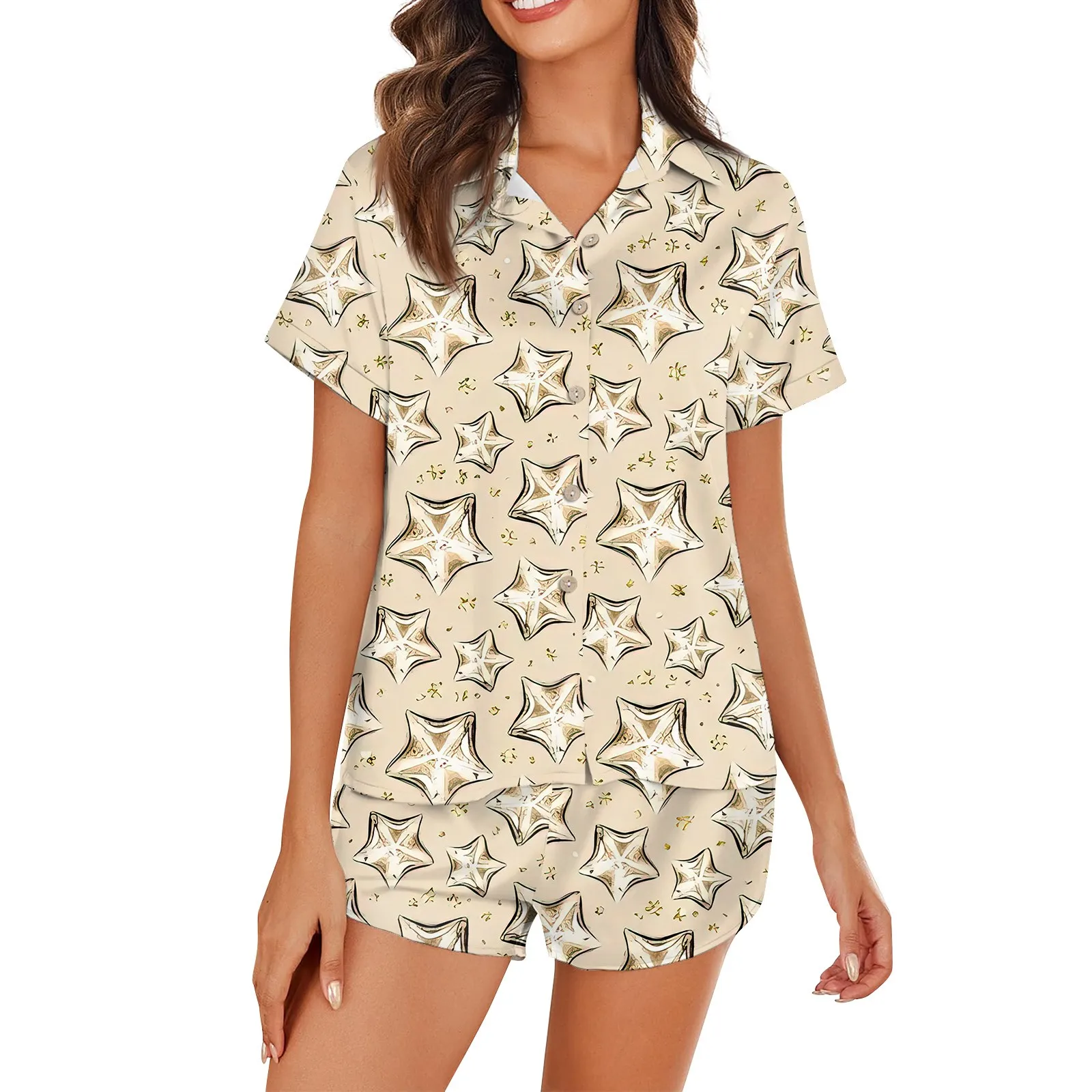 

Autumn 2024 Women'S Silk Cotton Pajamas Home Wear Star Print Loose Short-Sleeved Pajamas Set Top Pants Slight Strech