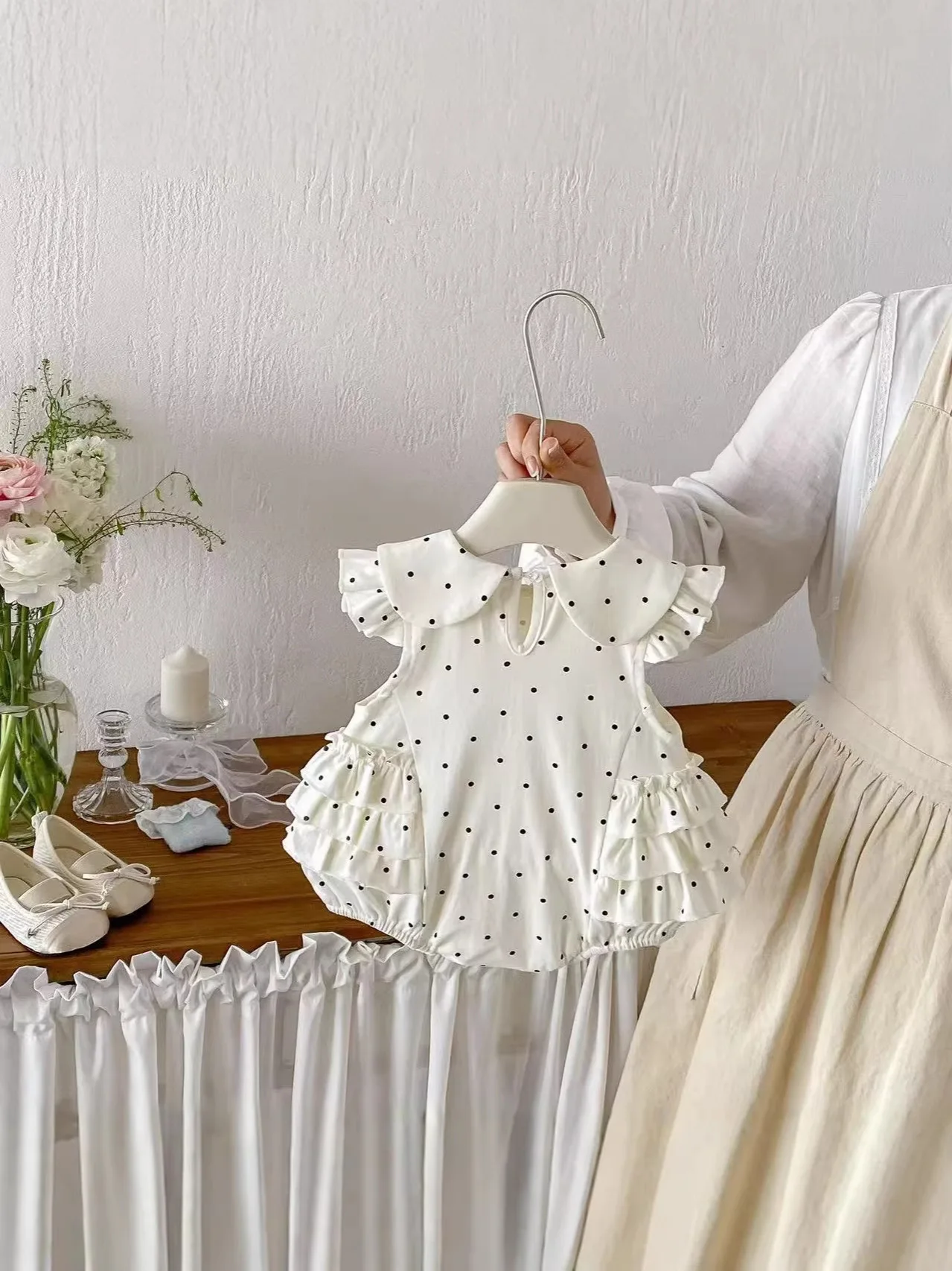 Korean Style Polka Dot Doll Collar Baby Clothes Sweet Pure Cotton Baby Bodysuits And One-Pieces Thin And Sleeveless