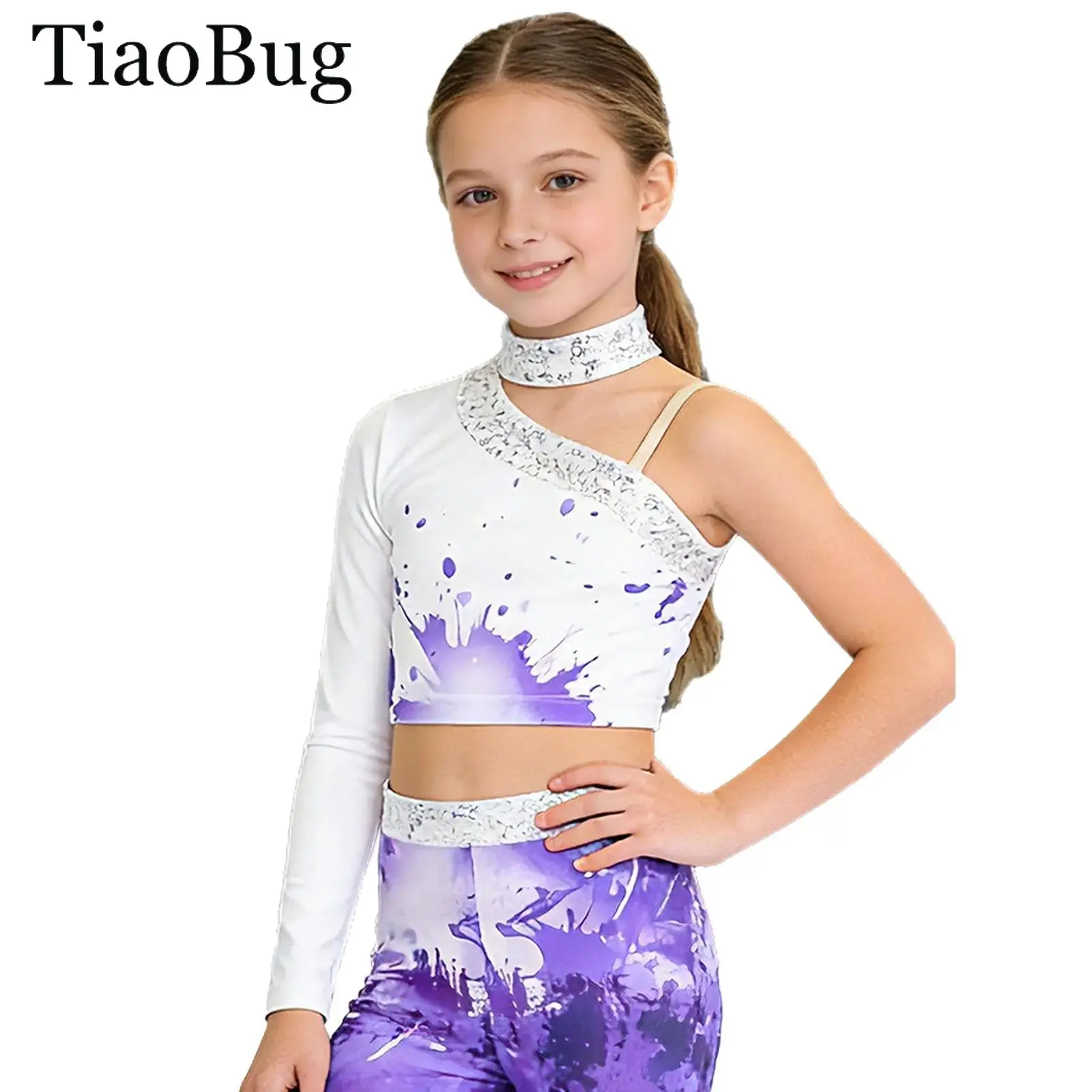 

Kids Girls One Shoulder Stylish Printed Gymnastics Tops Shiny Sequins Asymmetrical Dance Crop Top Ballet Figure Skating Costume