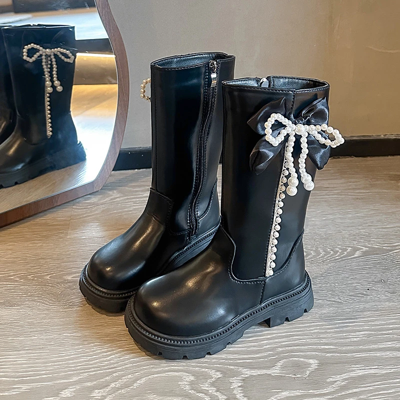 

Girls Princess Boots Sweet Beading Kids Mid-calf Boots Round Toes 2025 Autumn Winter Children Leather Boots Korean Style Soft