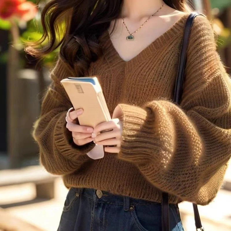 Damski sweter z bufiastymi rękawami, wzór wiśniowy, ciemnoczerwony top, inspirowany jesienią, nowość