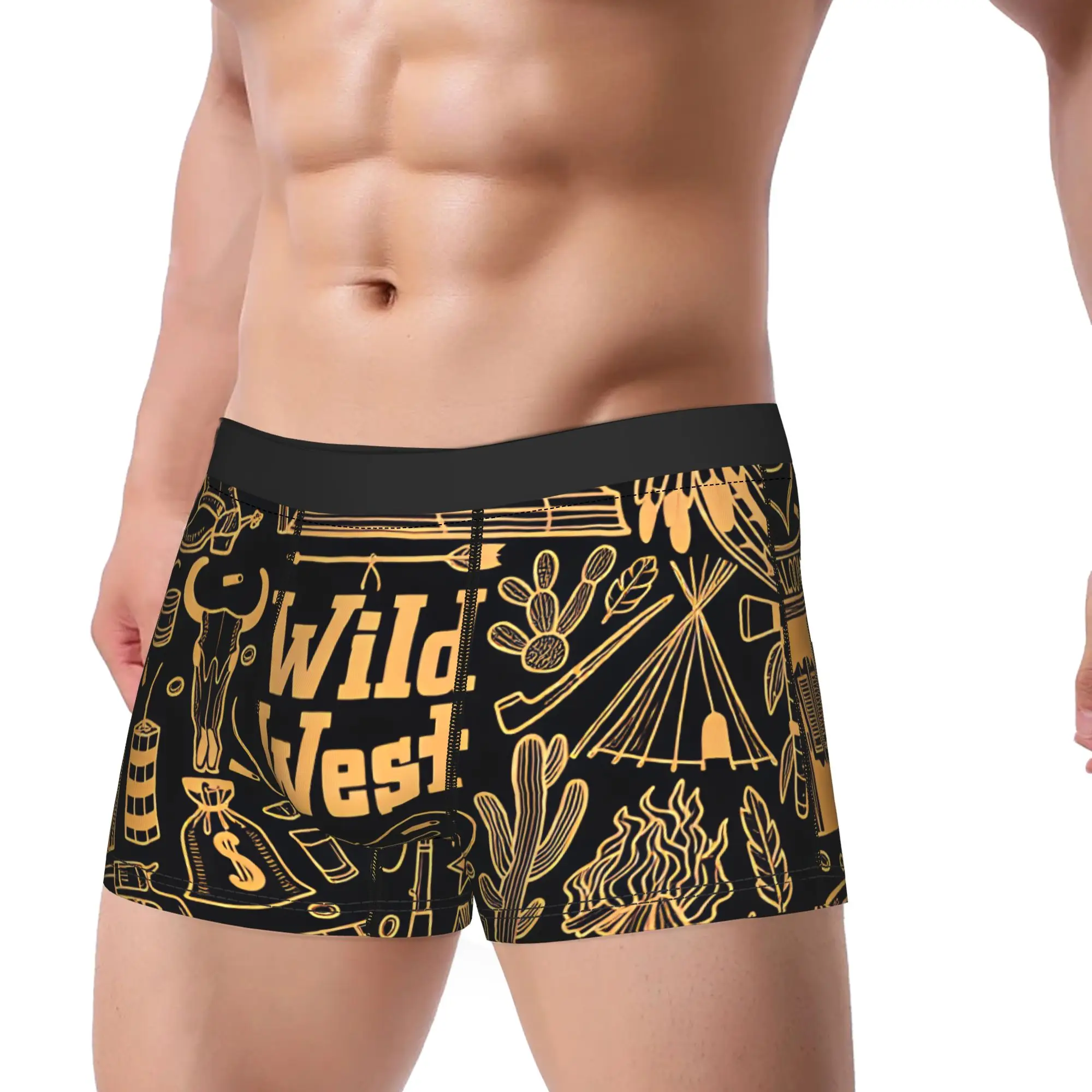 Wild West Vintage LinePrint Underwear  Classic Underpants Pattern Boxer Brief For Men 3D Pouch Large Size Boxer Shorts